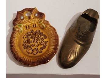 Vintage Atlantic City Ceramic Souvenir And Brass Shoe Ashtray