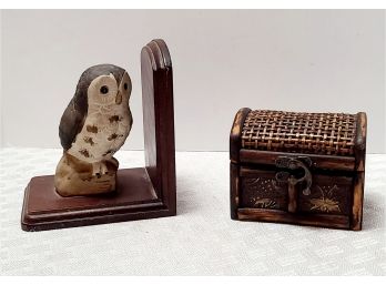 Vintage Wooden Owl Bookend And Treasure Chest