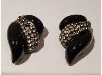 Designer St. John Vintage Enamel And Swarovski Crystal Clip On Earrings