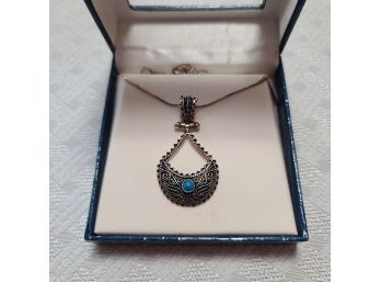 Vintage Boxed Sterling Silver Pendant W Turquoise On 18' Chain