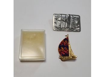 Vintage Nautical Ship Brooches English Pewter And Enamel