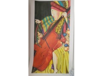 2006 The Cellist Signed And Numbered Lithograph By Folk Artist Debra Tivens