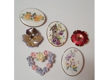 Vintage Floral Brooches Including Pansies And Roses