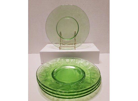 Set Of 4 Vintage Uranium Glass Salad Plates Weave Pattern