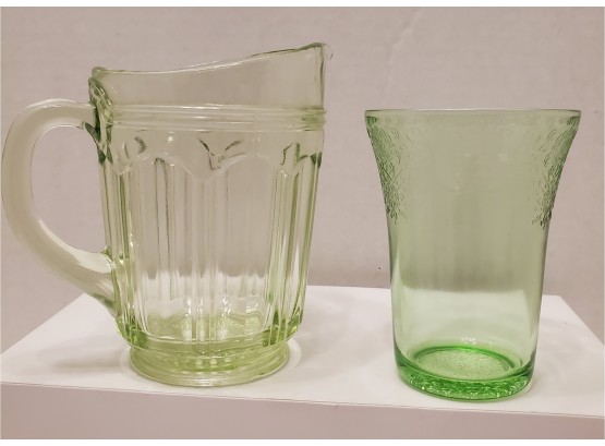 Vintage Uranium Glass Pitcher And Single Glass