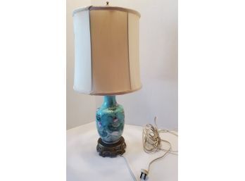 Vintage Hand Painted Enamel And Brass Chinoiserie Ginger Jar Lamp With Original Silk Shade 19inH
