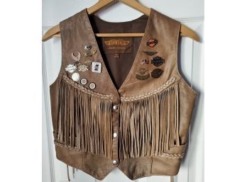 Where Are My HOG Chicks?! Vintage Unik Leather Fringed Motorcycle Vest With Vintage Harley Pins!