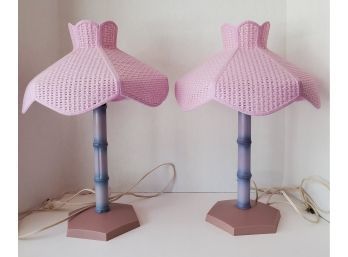 Marsha Would Have Definitely Had These In Her Room! Vintage 70s Retro Faux Wicker & Bamboo Table Lamps