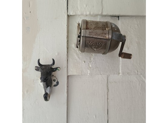 Vintage Boston Pencil Sharpener And Metal Cow Hook