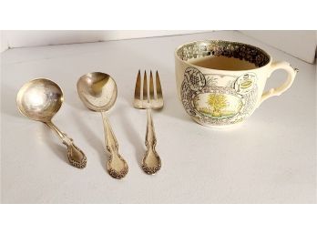 Vintage Stafforshire Mug And Silver Plated Serving Utensils