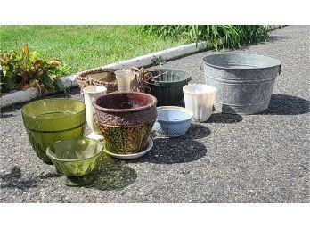 Vintage Aluminum Bucket And Glass Planters And More