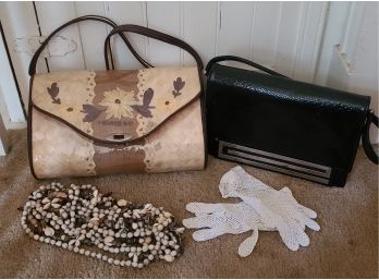 Vintage Purses Fishnet Gloves And Shell Necklace