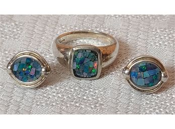 Sterling Silver Mosaic Earrings And Ring Size 7.5 Set