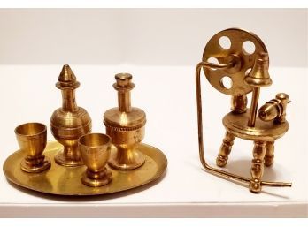 Vintage Brass Dollhouse Miniatures Spinning Loom Wheel Decanter And Cup Set On Tray Excellent Condition
