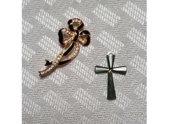 Vintage Jade Cross And Floral Brooch