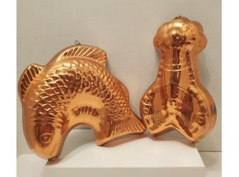 Vintage Copper And Brass Molds Fish And Lobster Excellent Condition