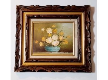 Midcentury Signed Oil Floral Painting In Carved Wood Frame