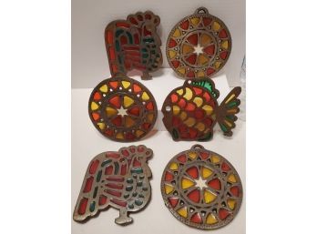 Vintage Cast Iron And Stained Glass Trivet Set