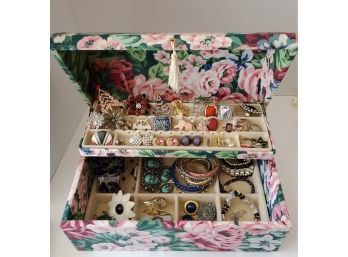 Vintage Jewelry Lot Including Pretty Fabric Jewelry Box