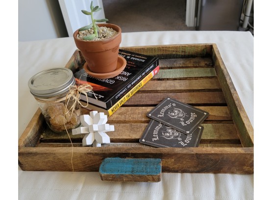 Reclaimed Wood Server, Books, Coasters, Live Cactus  And Salts