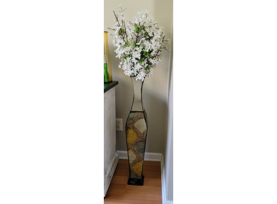 Large Funky Metal Vase With Artificial Flowers 34H