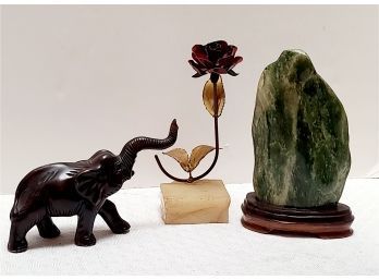 Vintage Lucky Elephant, Metal Rose, And Natural Stone