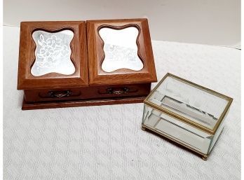 Vintage Wooden Jewelry Box And Glass Trinket Box