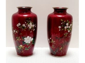 Pair Of Circa 1920 Signed Saito Gin-Bari Japanese Cloisonne Vases