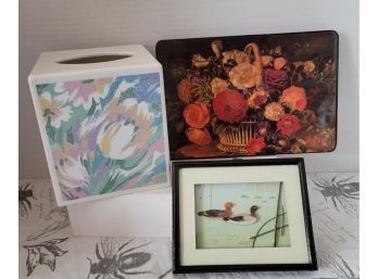 Vintage Home Goods Including Excell Tissue Box Cover, 3D Handmade Duck Wall Decor And Floral Trivet