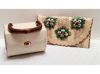 Vintage Raffia And Patent Purses LOOK AT THAT CARVED WOOD LOOK HANDLE