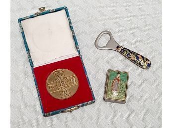 Vintage Asian Medallion And Cloisonne Pill Box And Bottle Opener