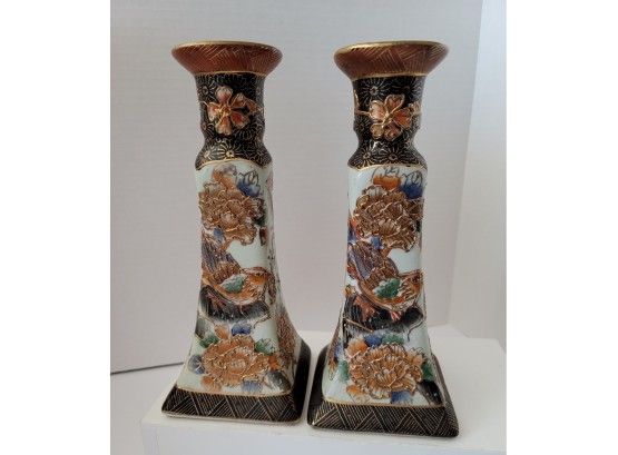 Gorgeous Vintage Satsuma Chinoiserie Candlestick Holders Excellent Condition! 9h Need Cleaning