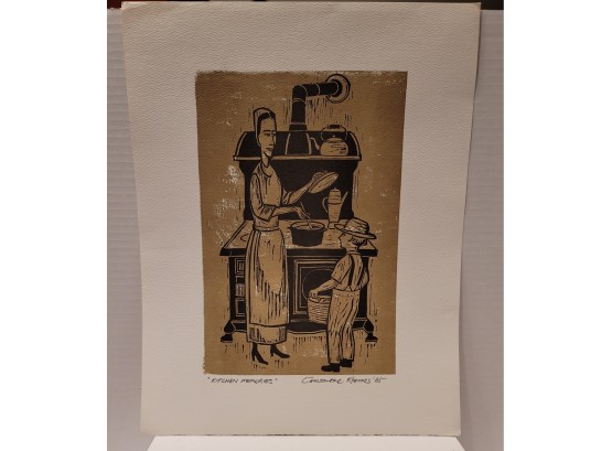 Vintage MCM Signed Constantine Kermes Modern Dutch Block Print 'Kitchen Memories' Excellent Condition!