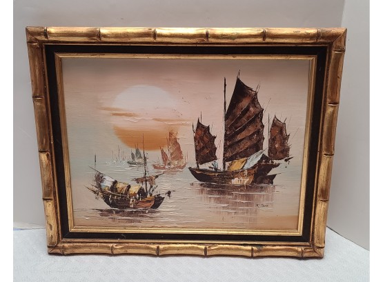 Midcentury Signed K. Tam Original Oil On Canvas Gild Bamboo Style Frame