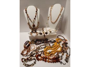 Shades Of Earth Tones Costume Jewelry Lot Incl Vintage Semi Precious Stones, Glass Beads Watch Untested