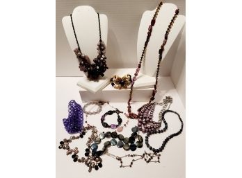 Shades Of Purple And Gray Costume Jewelry Lot Incl Glass Beads And Semi Precious Stones Excellent Condition
