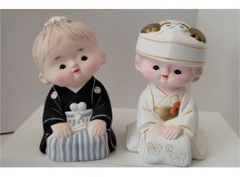 THE CUTEST WEDDING COUPLE! Vtg. MCM Hakata Unglazed Ceramic Figurines Kawasaki Co. 5 1/2h Great Condition