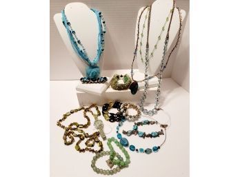 Shades Of Green Costume Jewelry Lot Incl Glass And Crystal Watch Needs A Battery Excellent Condition!