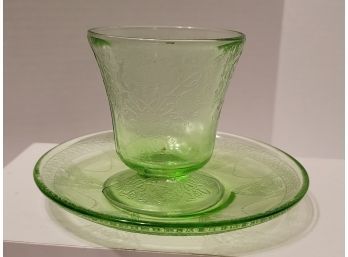 Vintage 1930s Federal Glass Georgian Green Pattern (uranium) Dish With Uranium Sherbert Cup