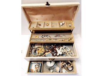 Vintage Jewelry Box And Contents As Found Incl Sterling, Krementz GF, Jade And Antique Baby Bracelet Etc
