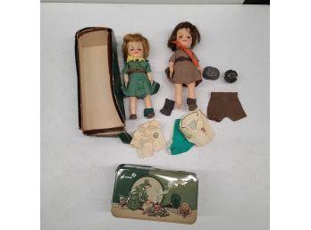 Vintage 8 Inch Girl Scout Dolls And Nostalgic Tin