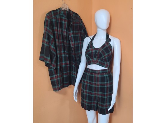 DEFINITELY FAINTED Original 1960s Tartan Plaid Playsuit With Cover Up