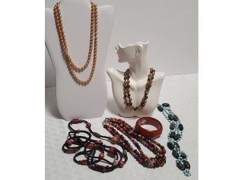 Vintage Beaded And Wood Necklaces And Wood Bangles