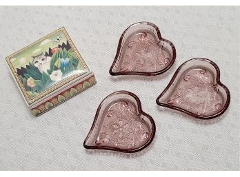 RUSS Cat Kitty Trinket Box And Purple Glass Heart Trinket Trays