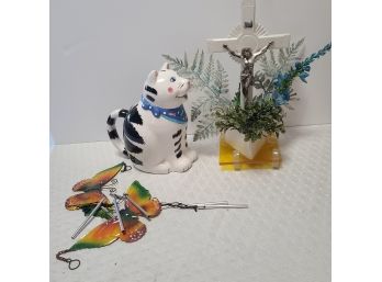 Ceramic Kitty Pitcher, Butterfly Windchimes, Vintage Religious Lucite Art