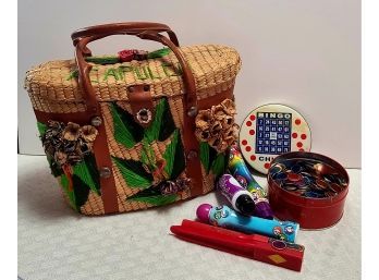 It Was Her Bingo Kit! Vintage Acapulco Rattan Bag And Bingo Goodies