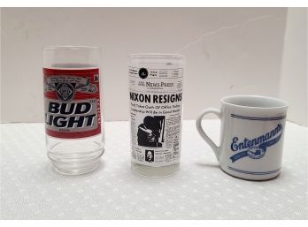 Bud Light, Nixon Glass, And Entemann's Mug
