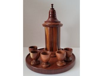 Gorgeous Vintage Turned Wood Decanter And Cordial Set