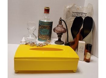 LOOK AT THAT YELLOW TISSUE BOX! Vintage Boudoir Items Incl Unopened Mona Lisa Eau De Toilette And More!