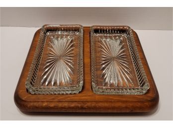 Vintage MCM Pressed Glass And Wood Relish Trays